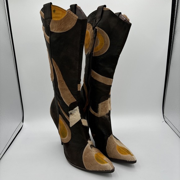 Debut Brown Leather Calf High Boot Women's EU 39 Fur Yellow Groovy Vtg Heeled - Picture 1 of 16